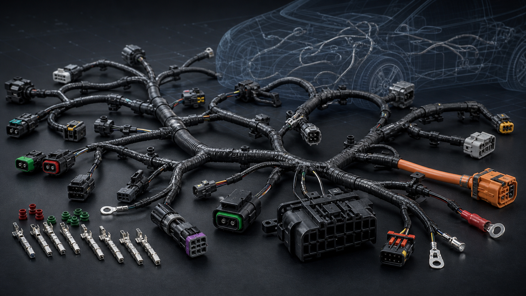 Automotive wiring harness system with connector families, sealed connectors, terminals and EV high voltage cable